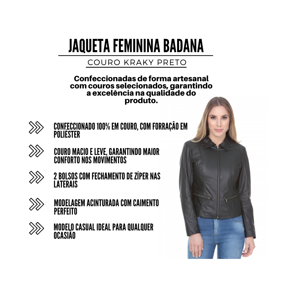 Jaqueta Feminina Badana Couro Kraky Preto Ref Badana