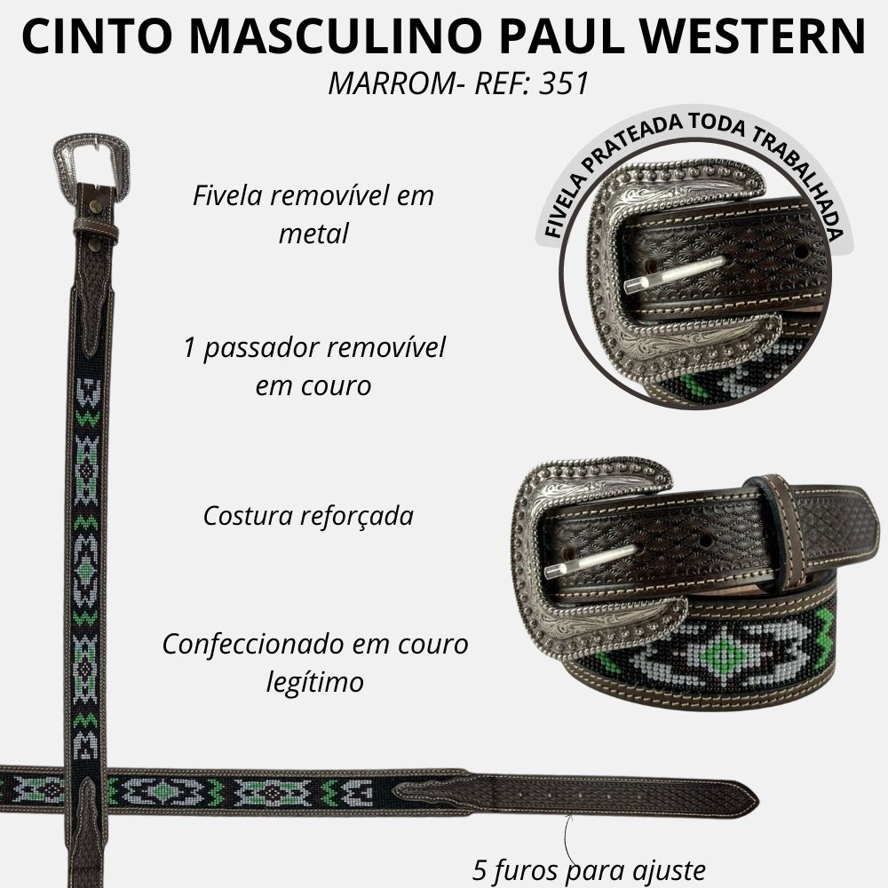 Cinto Masculino Paul Western Couro Marrom C Micanga Preta Branco Verde