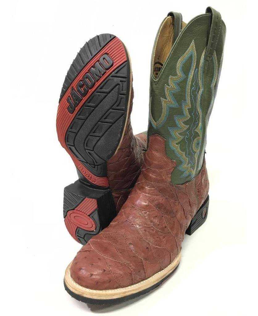 Bota Texana Country Masculina Jácomo Couro Legítimo de Avestruz Escamada Almondega/Napa Fiore Musgo