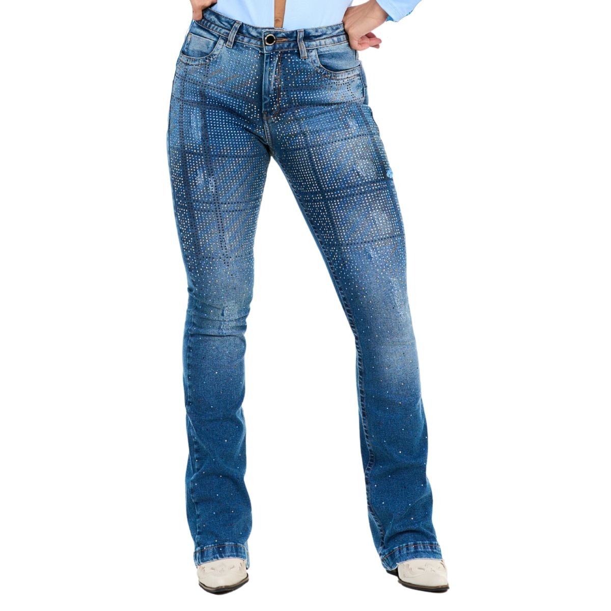 Calça Feminina Buphallos Jeans Strass Xadrez BPL632 Badana