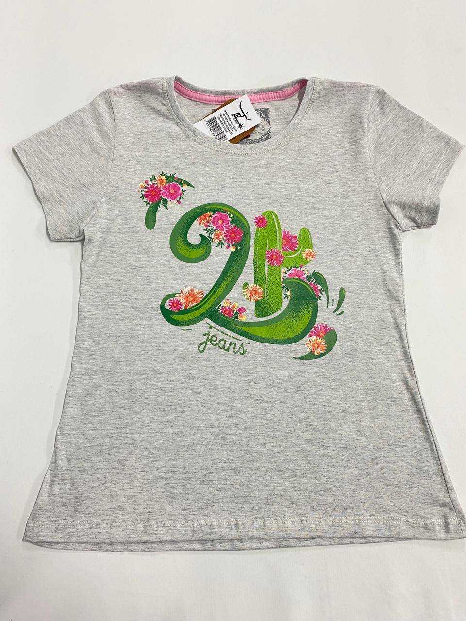 Camiseta Country Feminina 2K Jeans Cinza de Flores