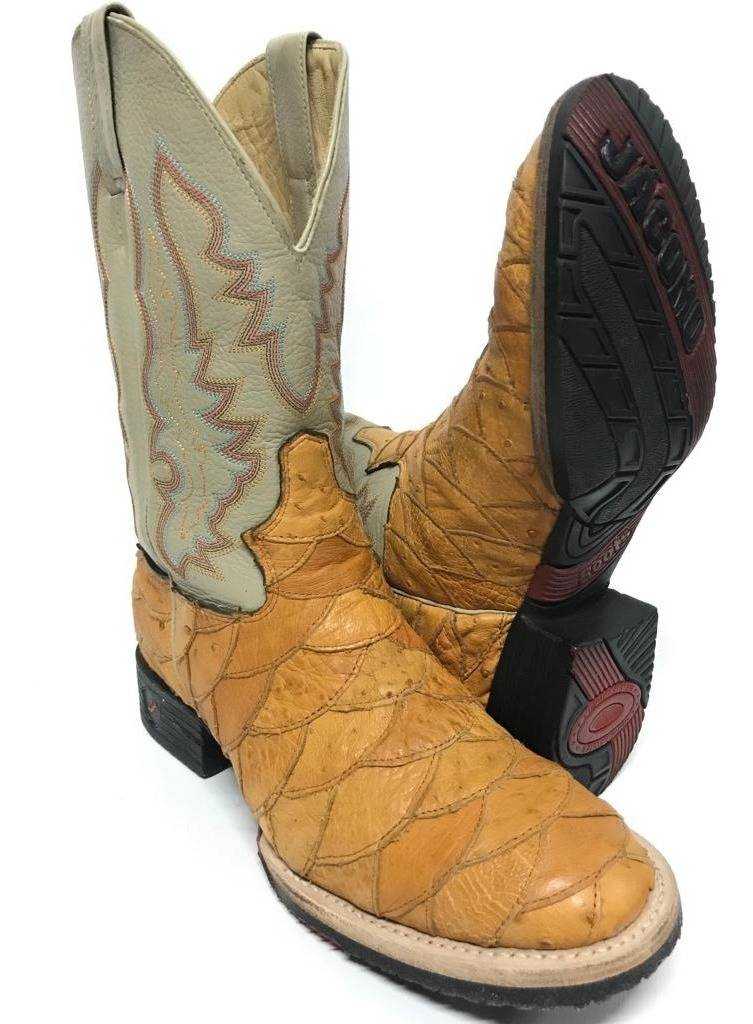 Bota Texana Country Masculina Jácomo Escamada Couro Legítimo de Avestruz Conhaque Floter/ Cano Marfim