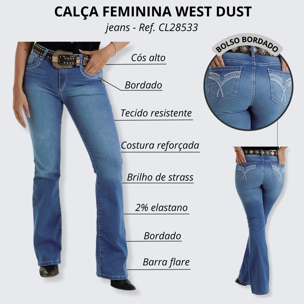 Calca Jeans Feminina Bordada Com Costura Reforçada Lycra