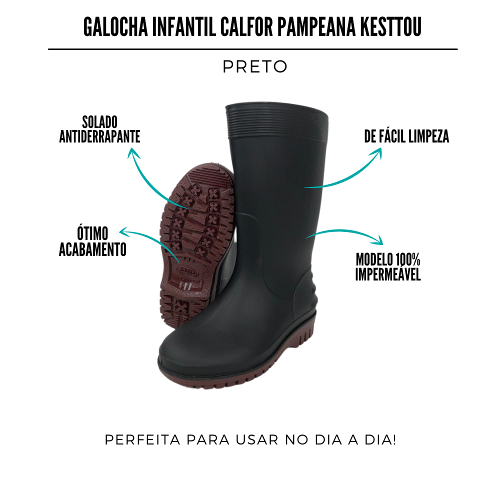 Bota Galocha Infantil Calfor Pampeana Preto Fosco AD037 Badana