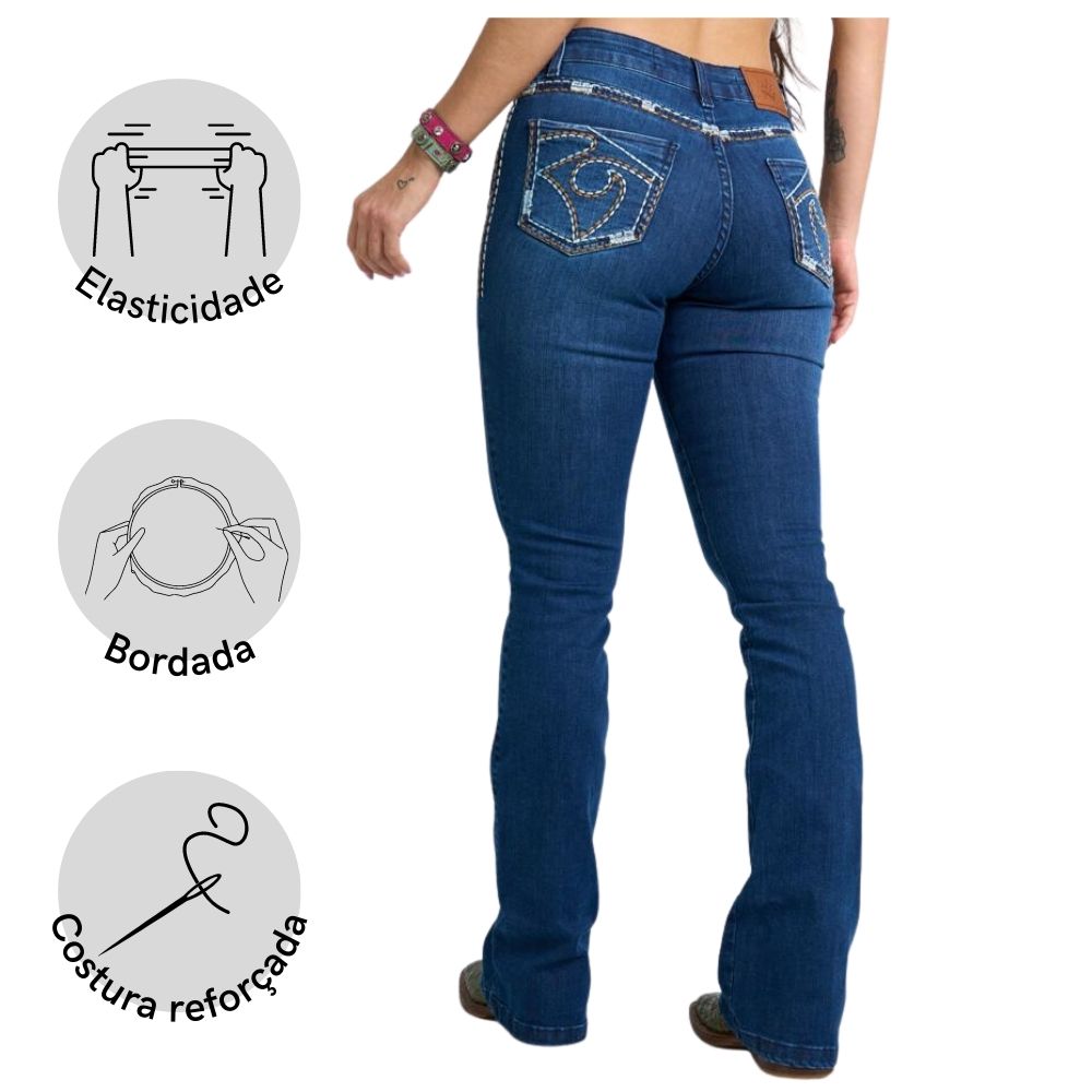 Calca Jeans Feminina Bordada Com Costura Reforçada Lycra