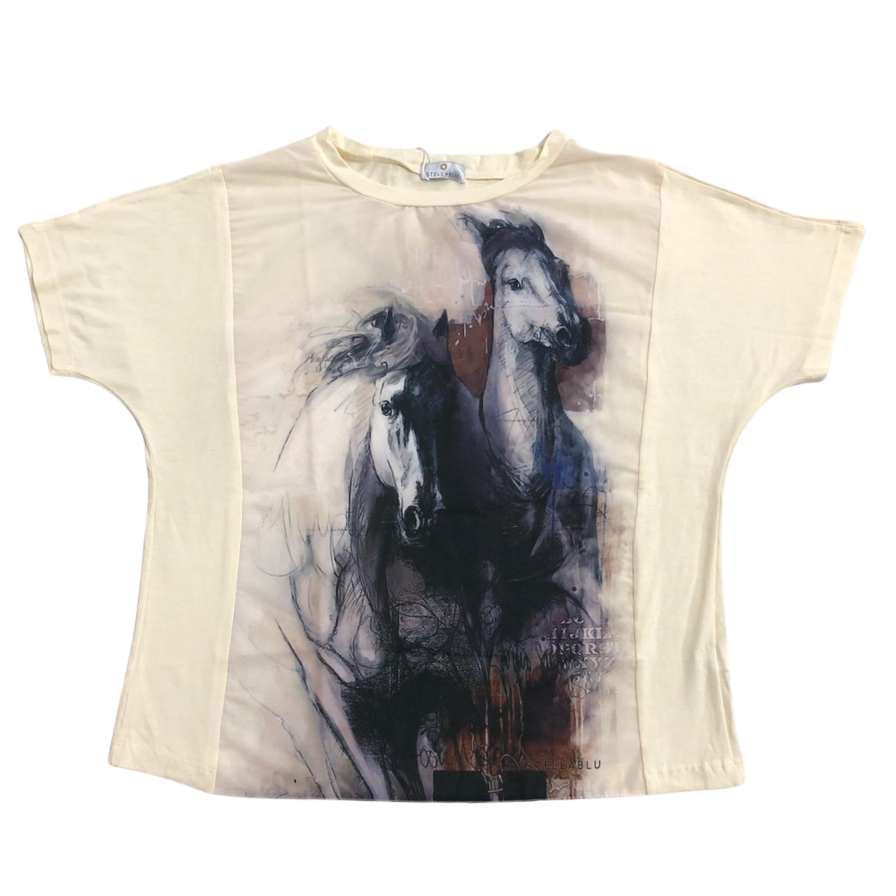 Camiseta Feminina Stellablu Bege Cavalos