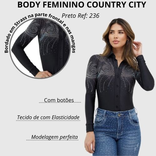 Body Feminino Country City Elza Preto Colarinho UV50 Ref:236 - Badana