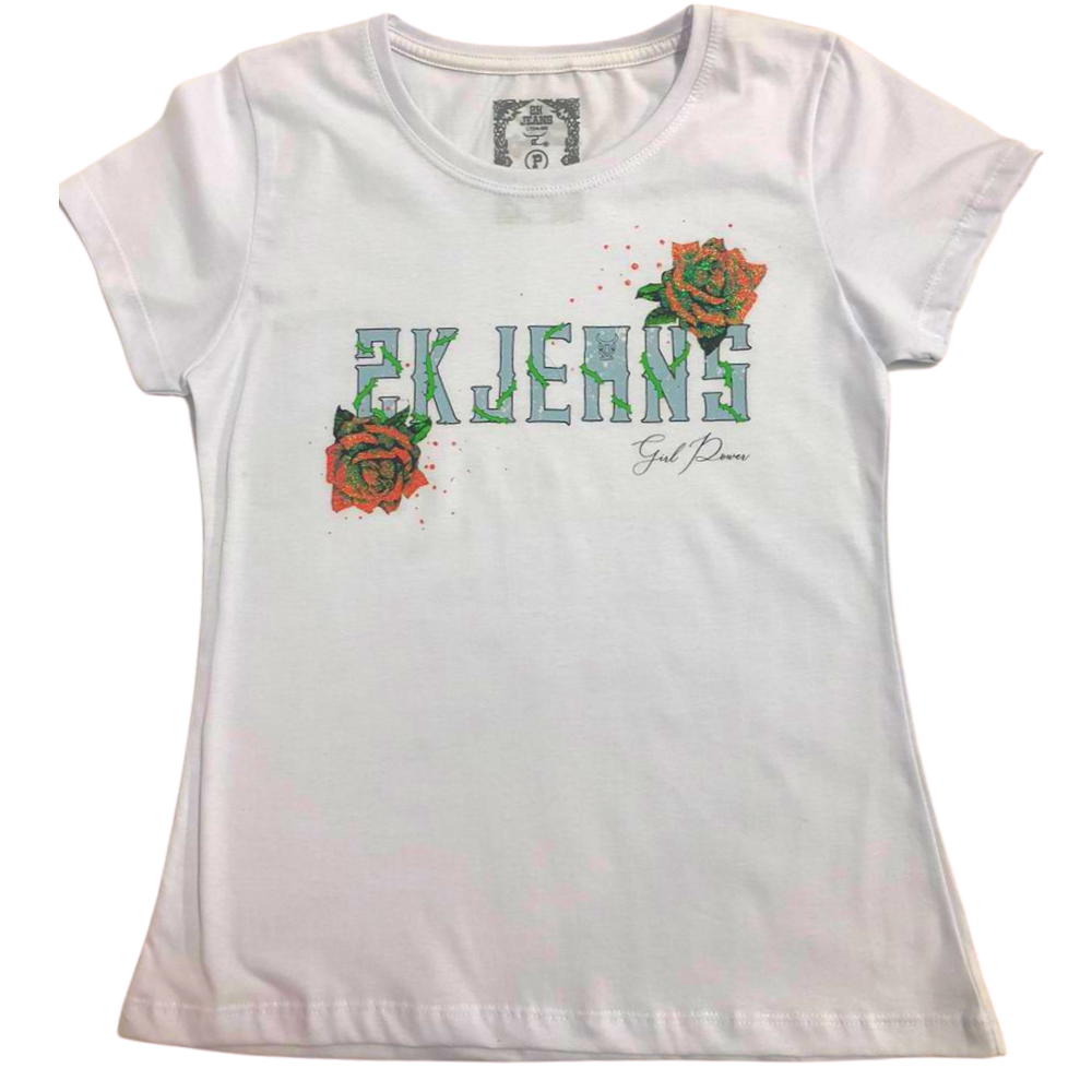 Camiseta Country Feminina 2K Jeans Branca Com Rosas