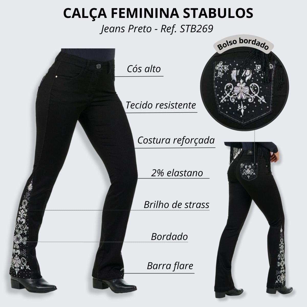 Calça Jeans Preta Feminina Stabulos Bordada - Ref. STB269 - Badana