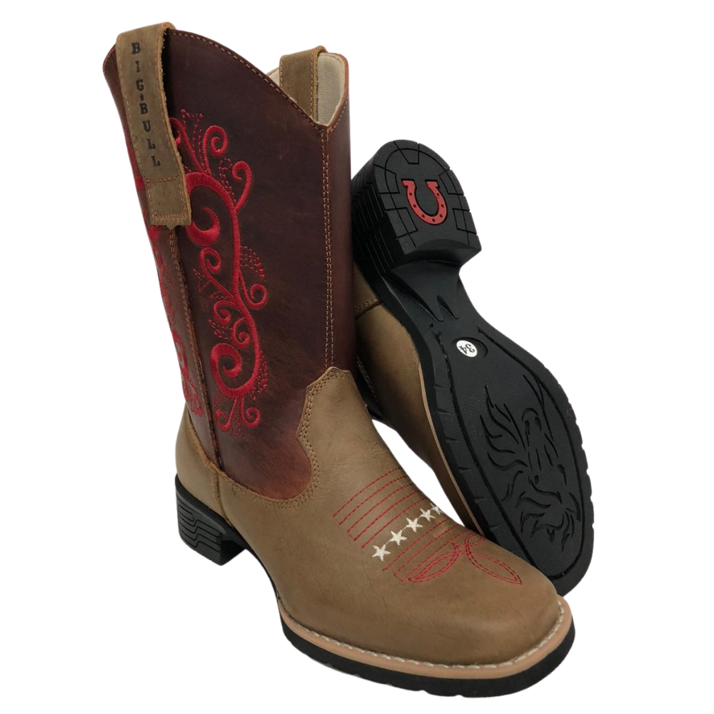 Bota Texana Feminina Big Bull Boots Areia Fóssil Vermelha