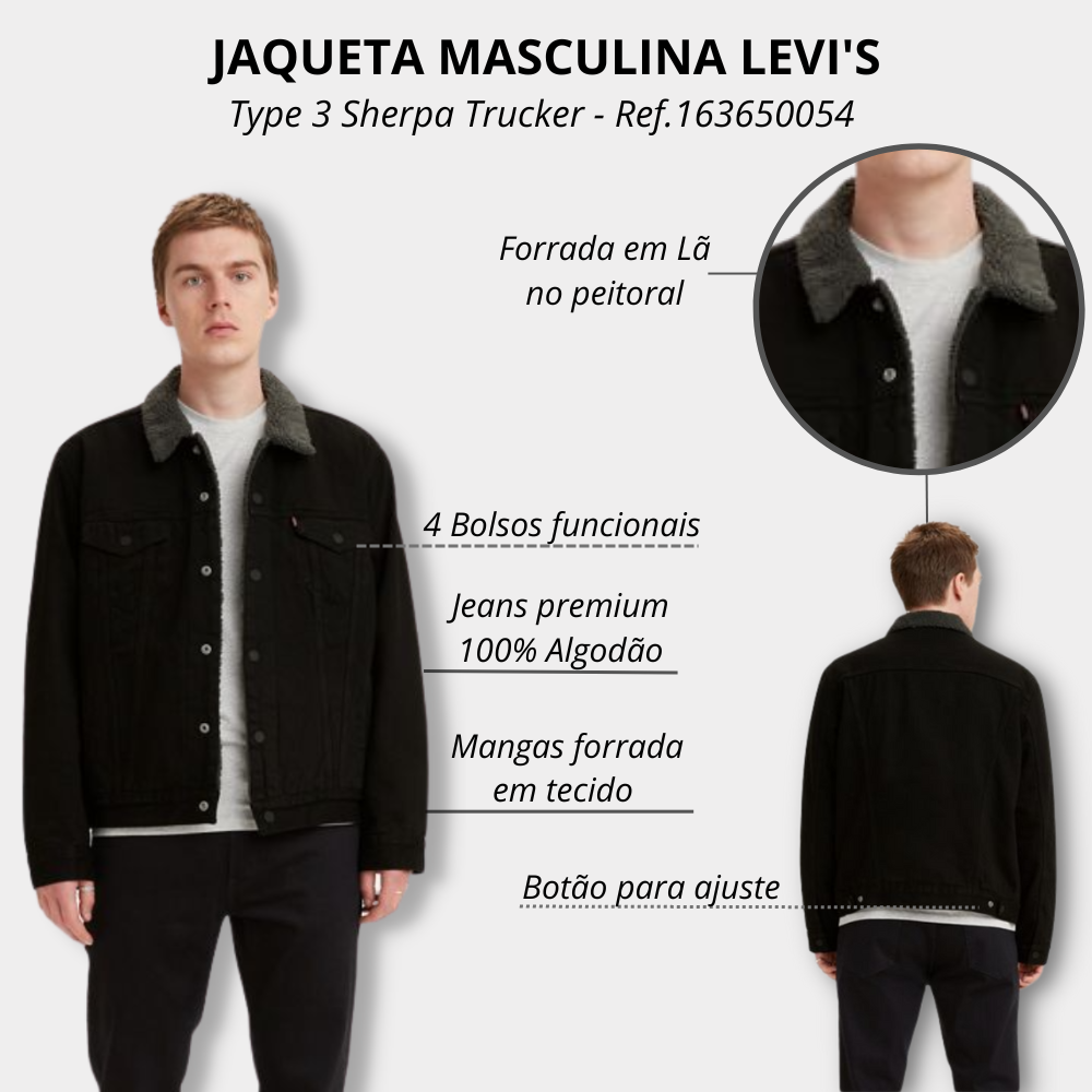 Jaqueta Masculina Levi's Sherpa Trucker Preto 163650054 Badana