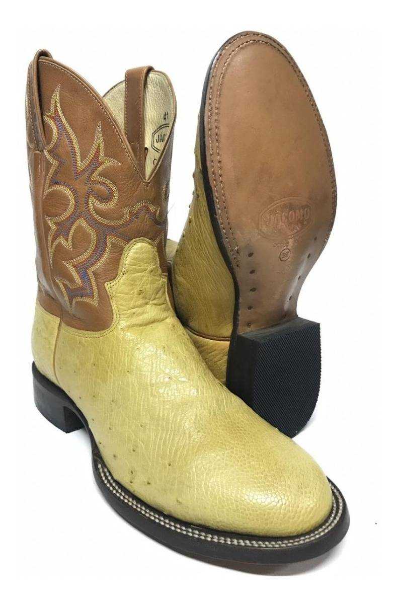 Bota Texana Masculina Bico Redondo Jácomo Couro Legítimo de Avestruz Floater Canela Havana