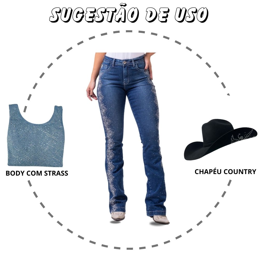 Calça Feminina Buphallos Jeans Bootcut Brilho BPL796 Badana