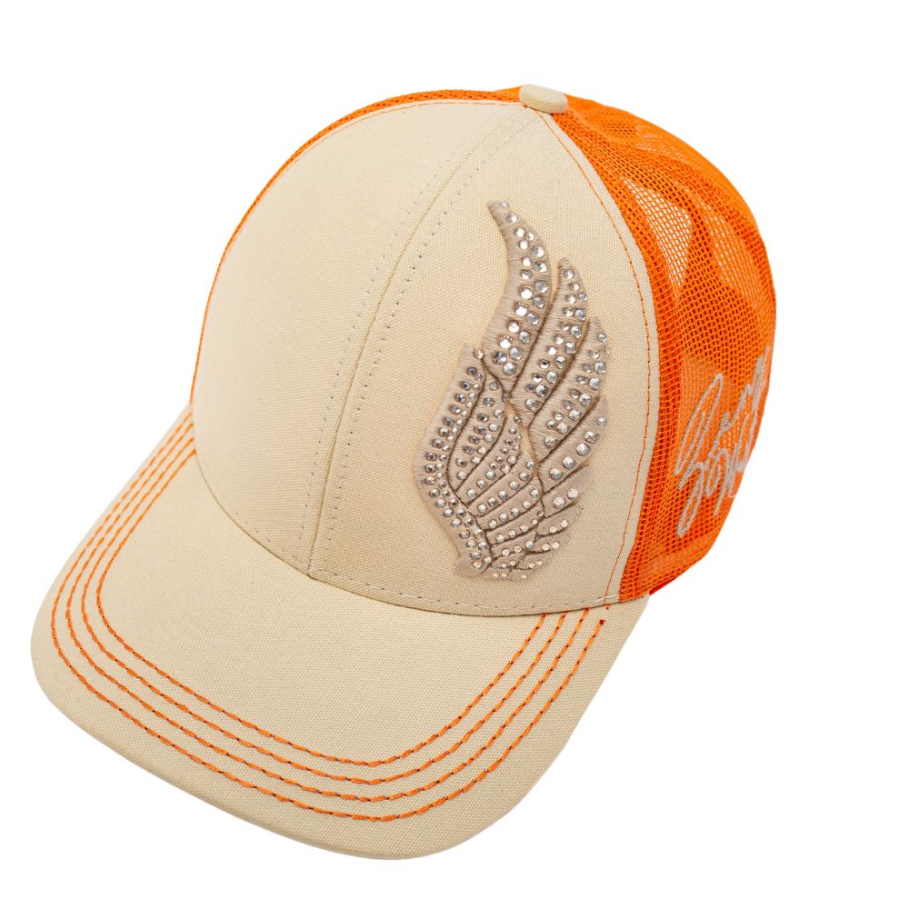 Boné Feminino Zenz Western Pearl Creme/ Laranja Com Tela e Logo Em Strass Ref:1277