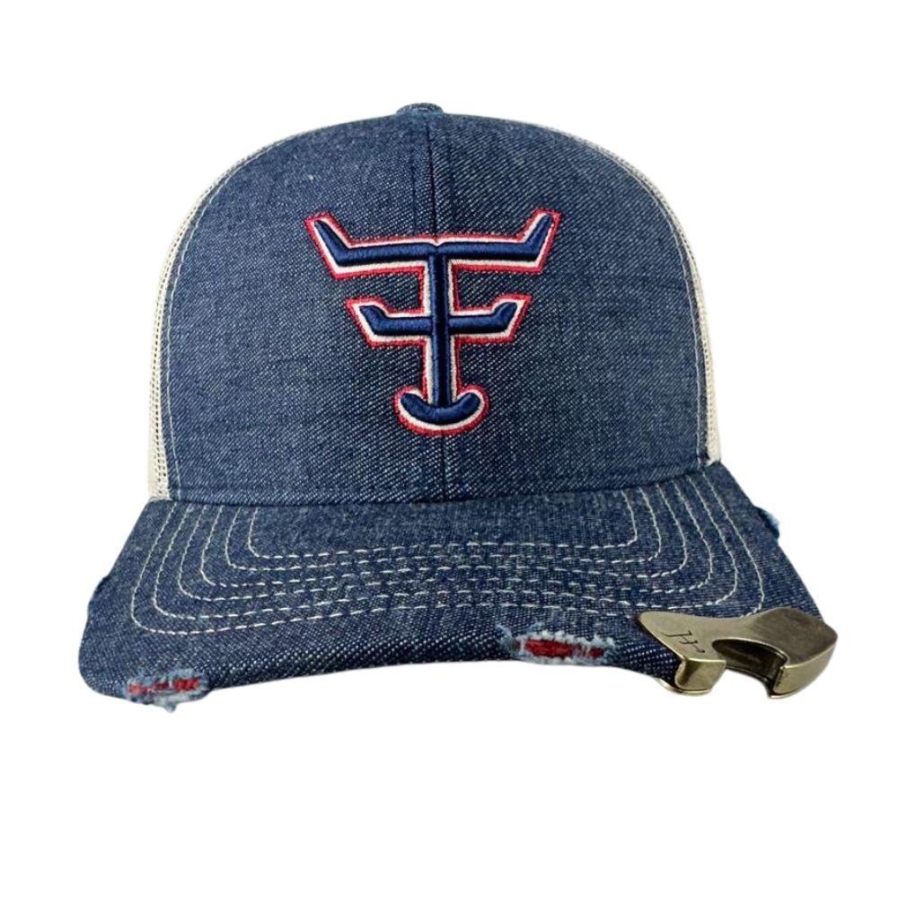 Boné Texas Farm Open Jeans Com Abridor de Garrafa e Logo Bordado Azul/Vermelho - Ref. TF665