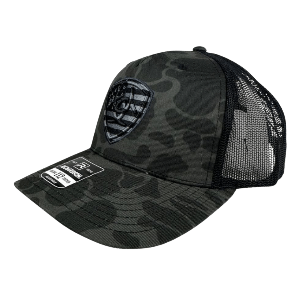 Boné Unissex Ariat Verde Camuflado E Preto Com Logo Bordada Bandeira EUA 112 Trucker