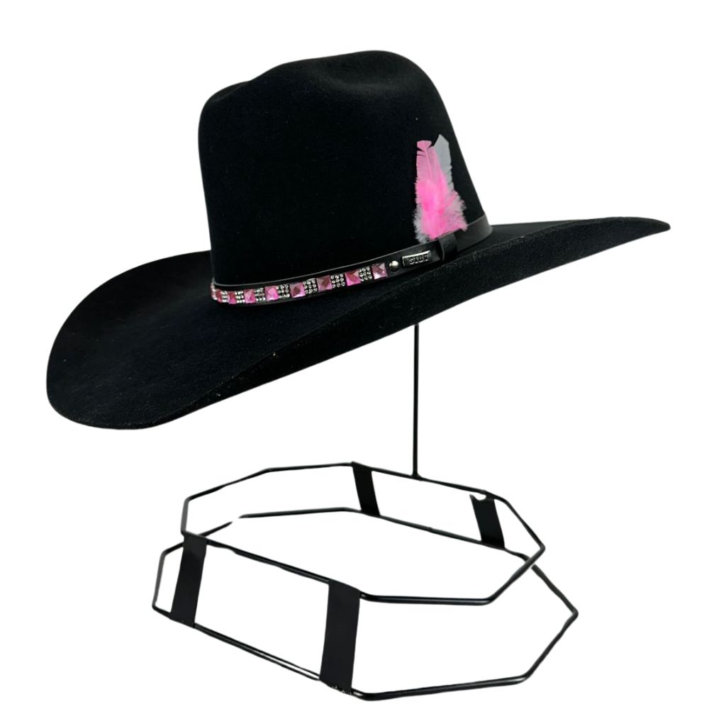 Chapéu Country Sibu Preto Ws De Lã Com Strass Rosa E Pena Rosa Aba 11CM