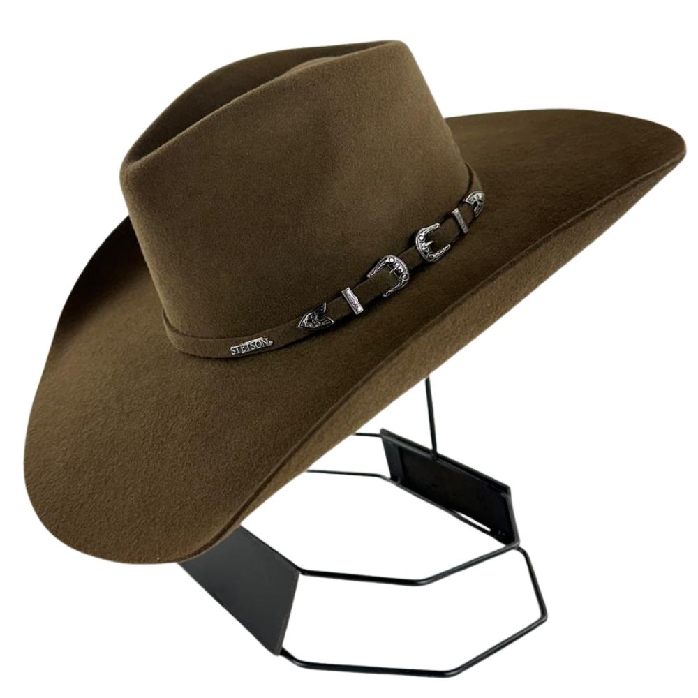 Chapéu Country Stetson Feltro Tabaco 50X Bandinha Fixa Duas Fivelas Carneira Couro Ref:64449