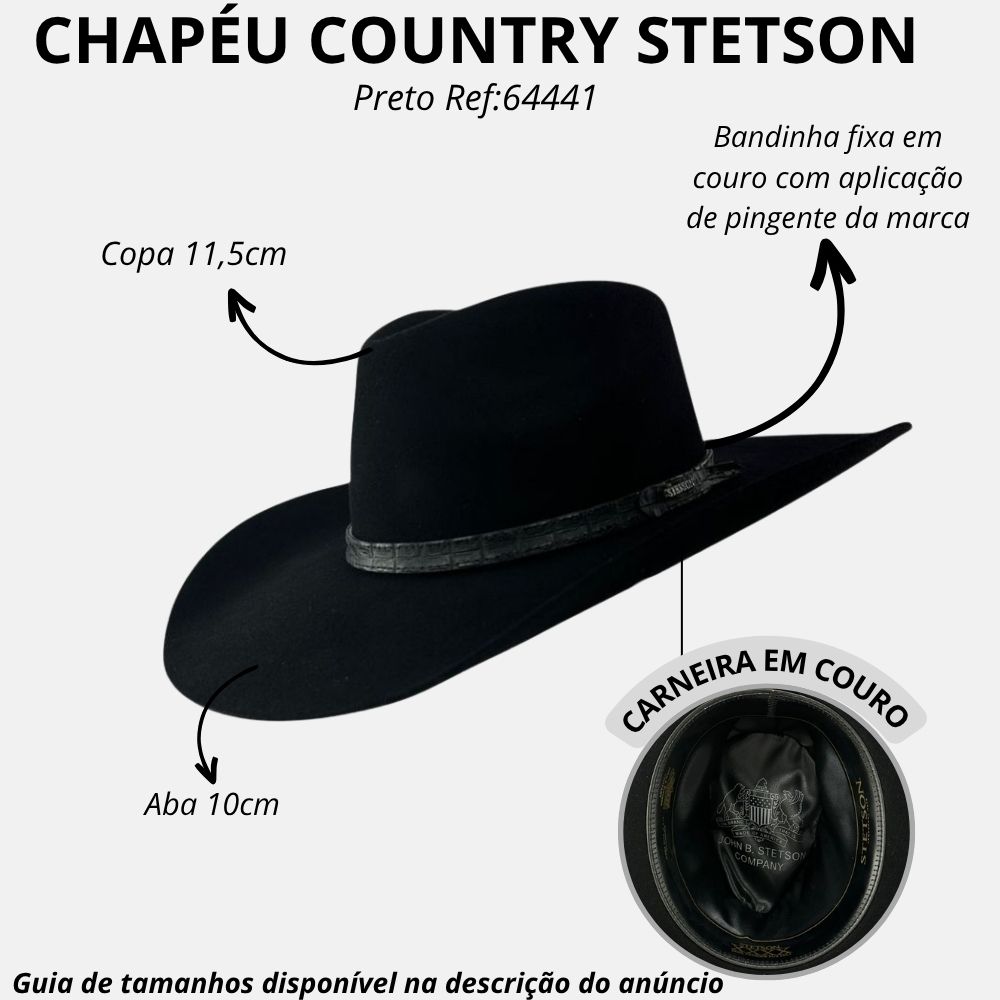 Chapéu Country Stetson Pelo De Lebre Preto Carneira Em Couro Ref