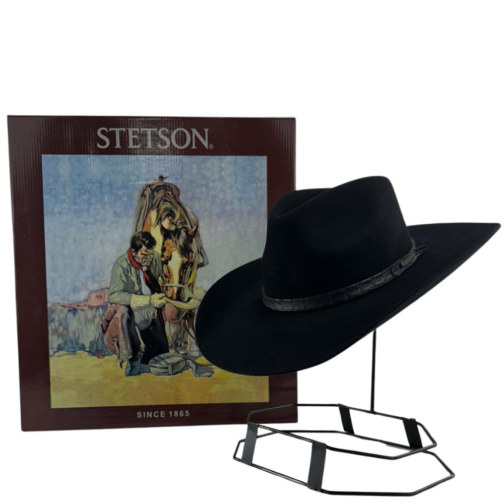 Chapéu Country Stetson Pelo De Lebre Preto Carneira Em Couro Ref