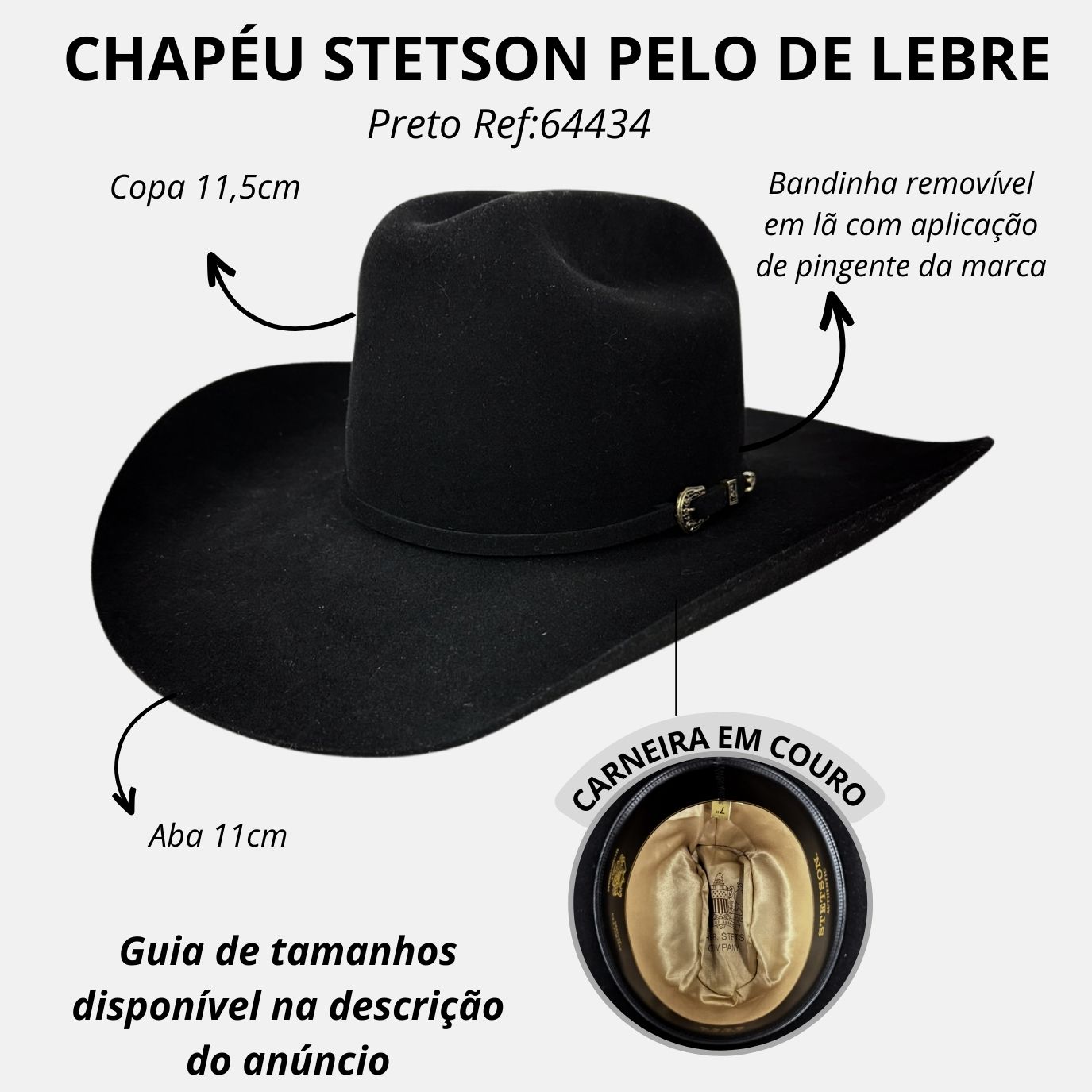 Chapéu Country Stetson Pelo de Lebre Aba 10,5 Preto Ref:64434 - Badana