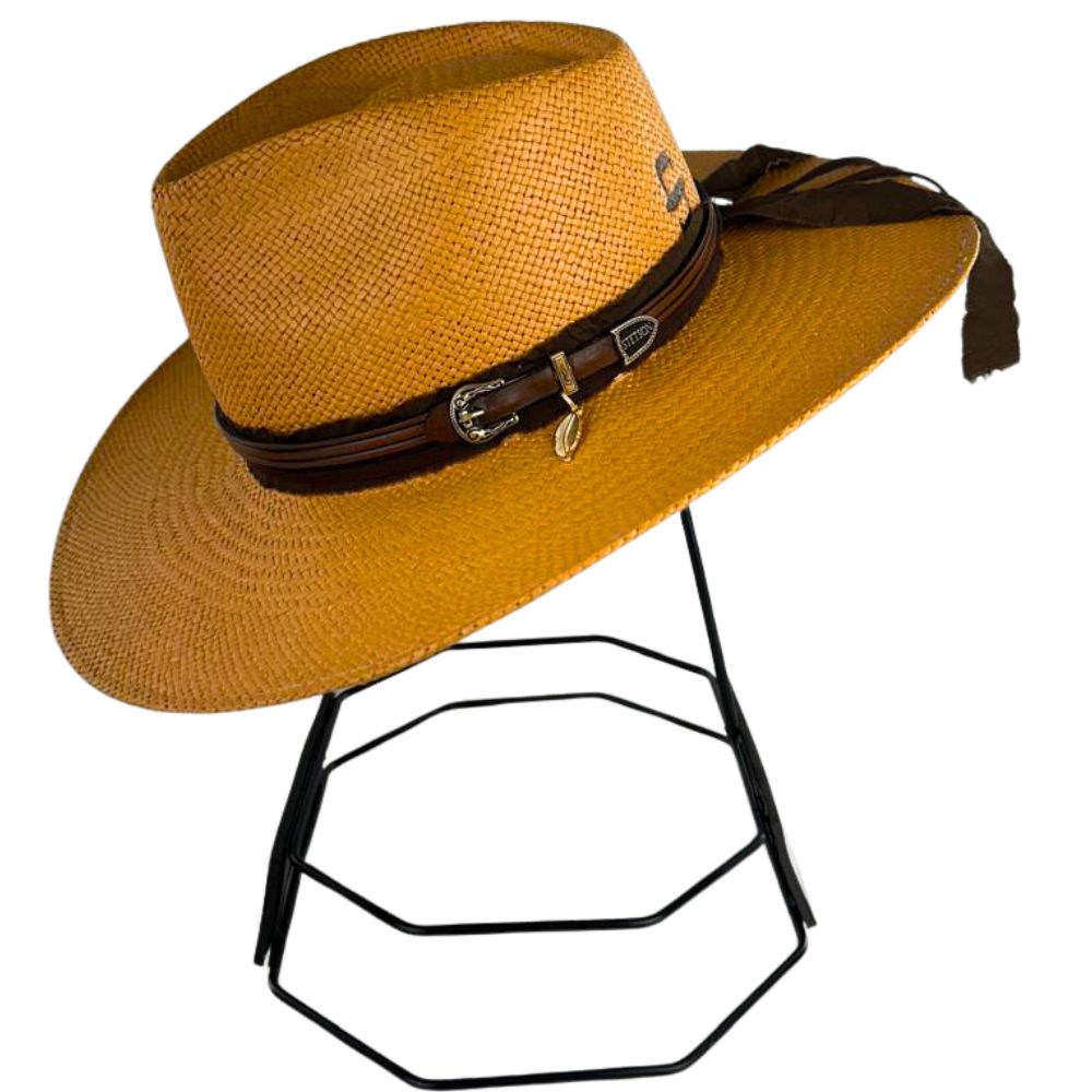 Chapéu Stetson De Palha Caqui Com Bandinha De Couro E Pingente REF:65562
