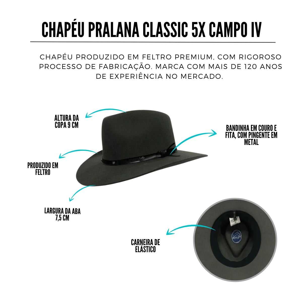 Chapéu Pralana Classic 5X Campo Cinza Aba 7,5 - Badana