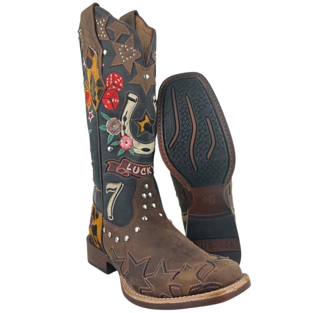 Bota Texana Feminina Goyazes Bico Quadrado Power Couro Dakar Café/Dallas Marinho Bordados Coloridos Ref:263201-CP-01