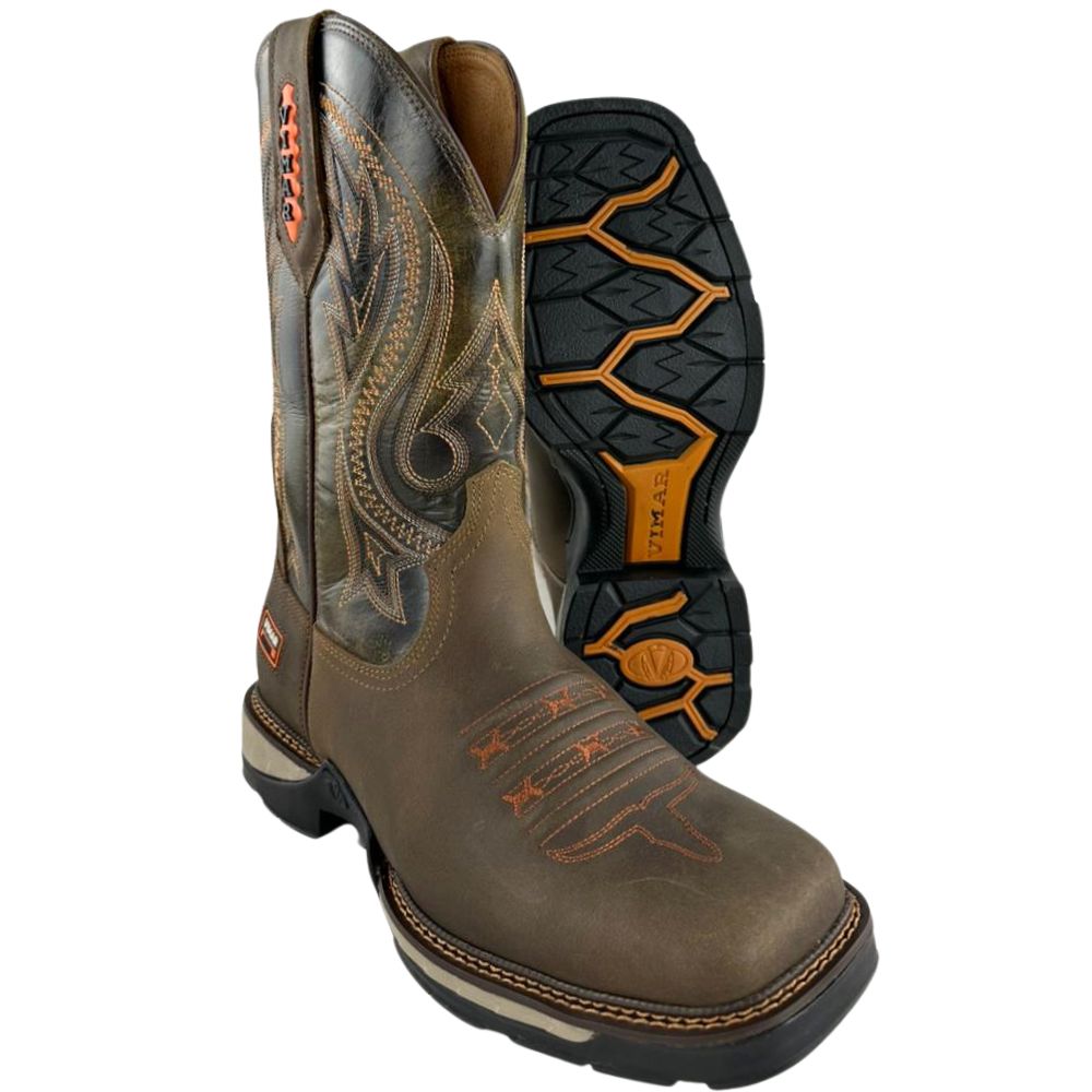 Bota Texana Masculina Vimar Bico Quadrado Crazy Horse Antigo Ocre Café Bordado Laranja Sola Tundra 002 Ref:81360