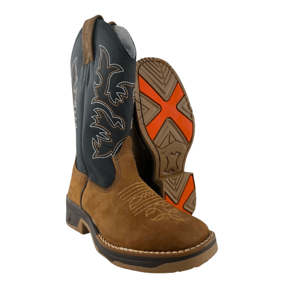 Bota Texana Masculina  Achete Caramelo Cano Preto Com Bordado Marrom