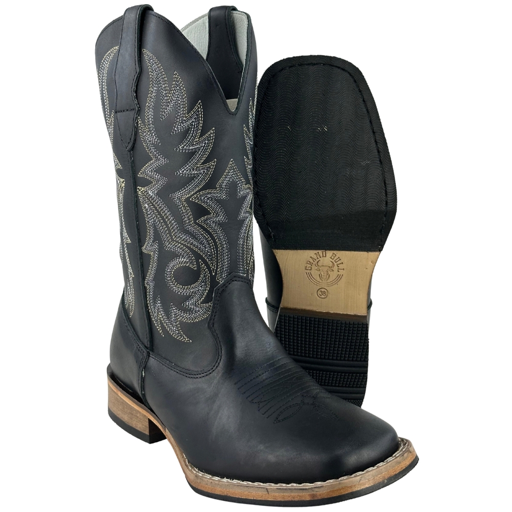 Bota Texana Masculina Big Bull Bico Quadrado Fossil Preto Bordada 508A - Ref:906