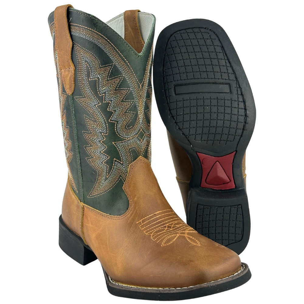 Bota Texana Masculina Big Bull Bico Quadrado Old Claro Verde Bordada 440C - Ref:900