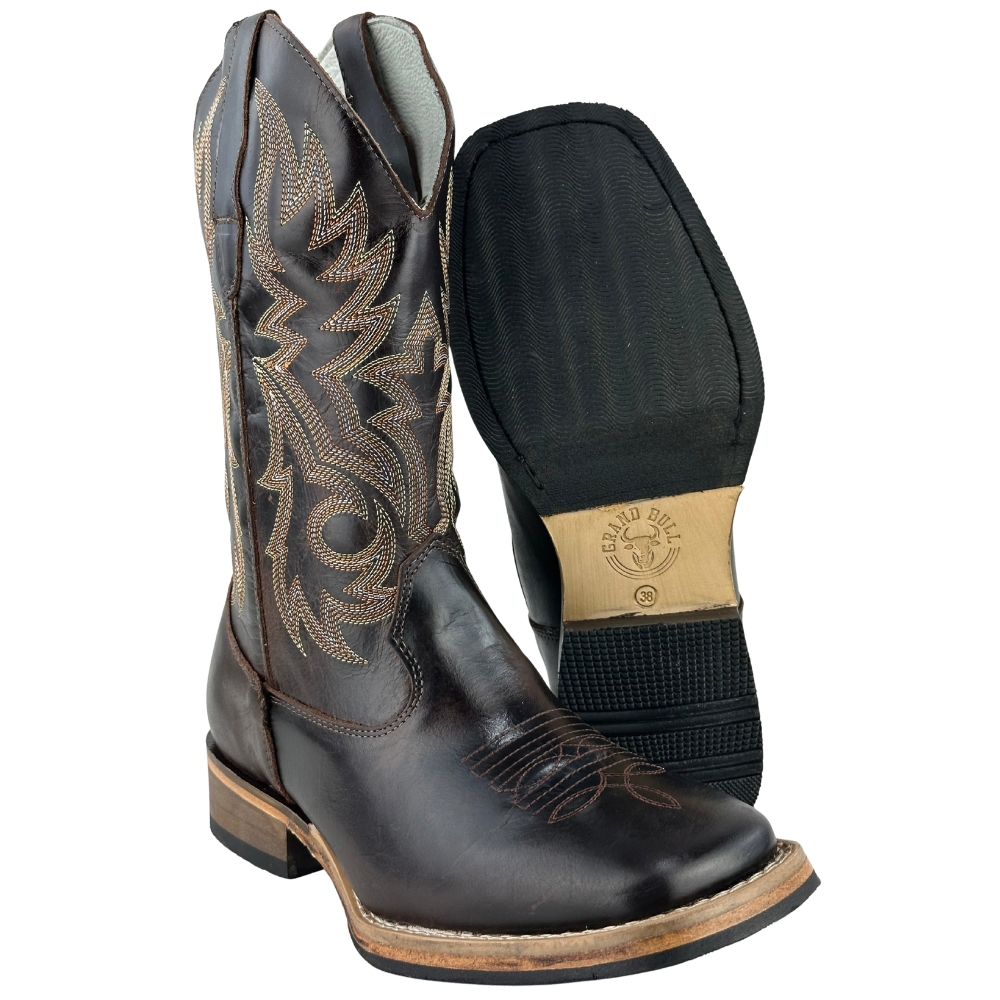 Bota Texana Masculina Big Bull Boots Bico Quadrado Fóssil Marrom Bordada 508D - Ref:906