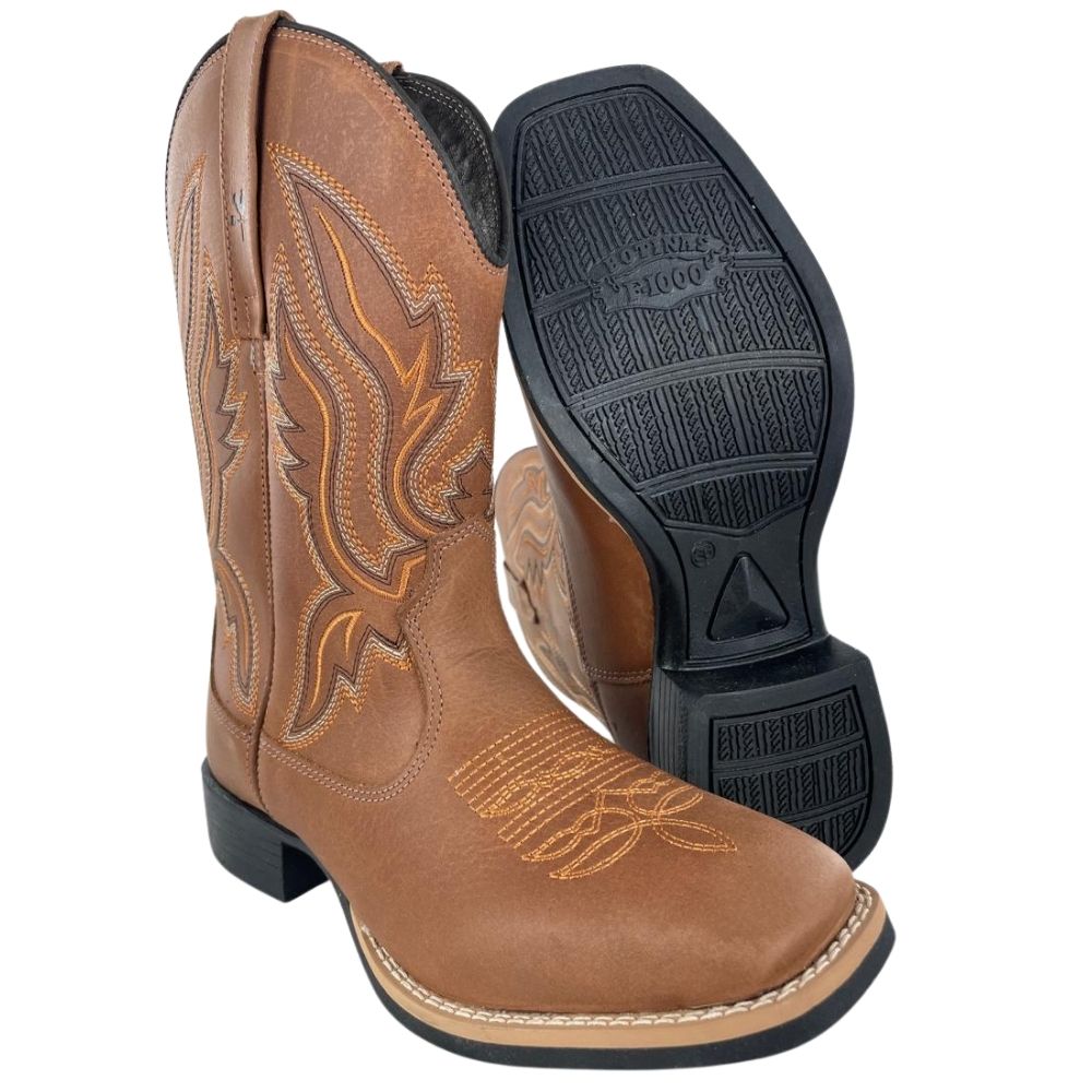 Bota Texana Masculina Caminhos Da Roça Bico Quadrado Couro Caramelo Bordado Ref: CA12