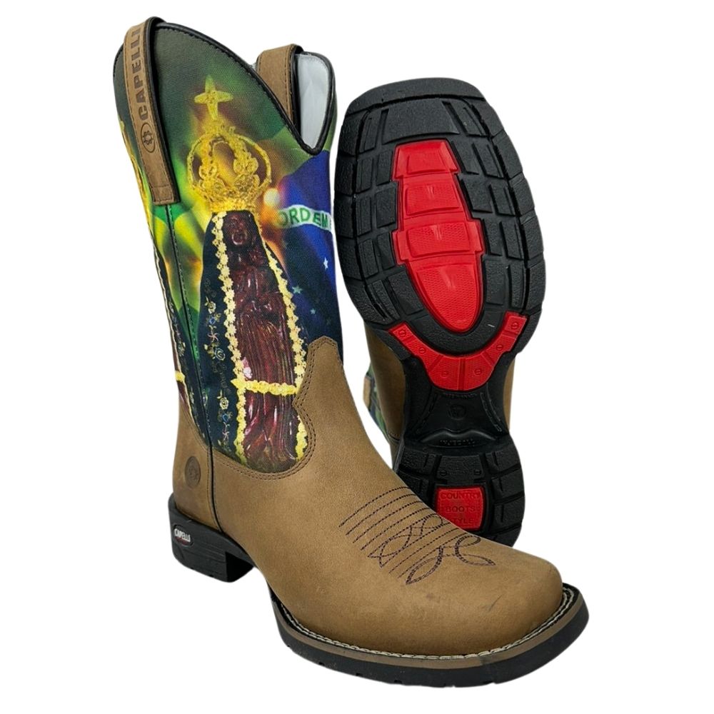 Bota Texana Masculina Capelli Boots Bico Quadrado Couro Tabaco/Aparecida/Bandeira Texas R.8074