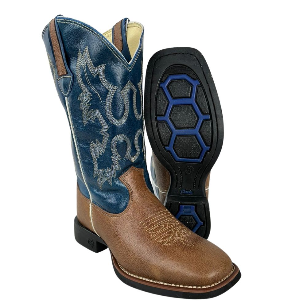 Bota Texana Masculina Classic Bico Quadrado Couro Montana Boise/Azul-Branco