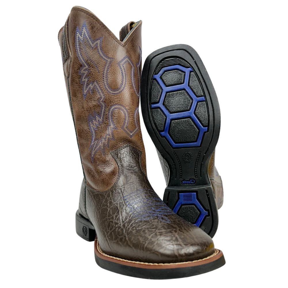 Bota Texana Masculina Classic Bico Quadrado Couro Montana Calvert/ Café Azul Sola Preto/Azul Ref:2909