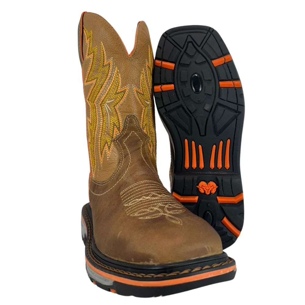 Bota Texana Masculina Durango Couro Caramelo Bordado Amarelo Laranja Ref:2225301022WKP