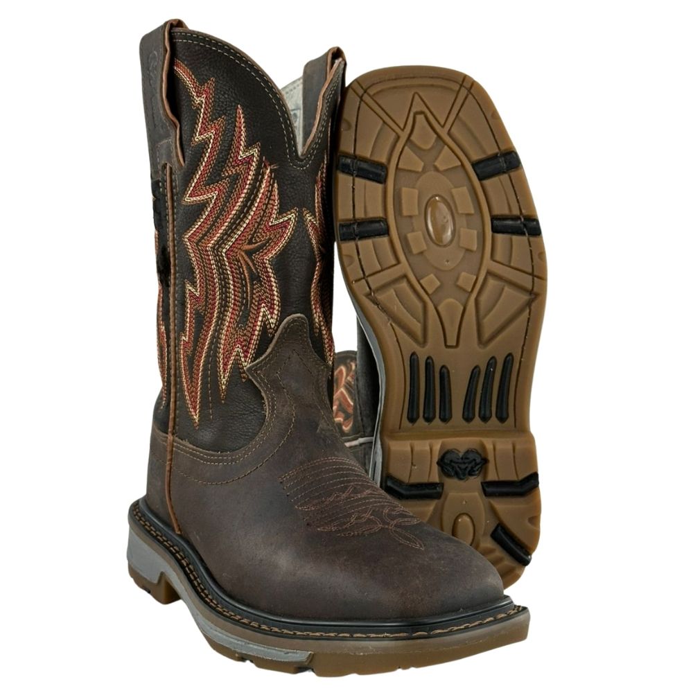 Bota Texana Masculina Durango Couro Marrom Cano Bordado Marrom/Branco Vermelho Solado Work