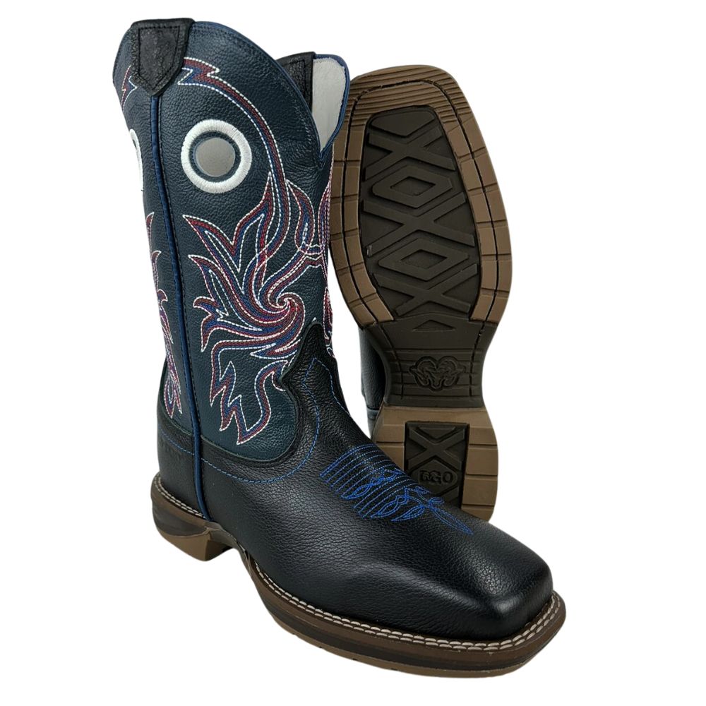 Bota Texana Masculina Durango Bico Quadrado Jump Couro Preto/Cano Azul Com Bordado Vermelho/Azul/Branco