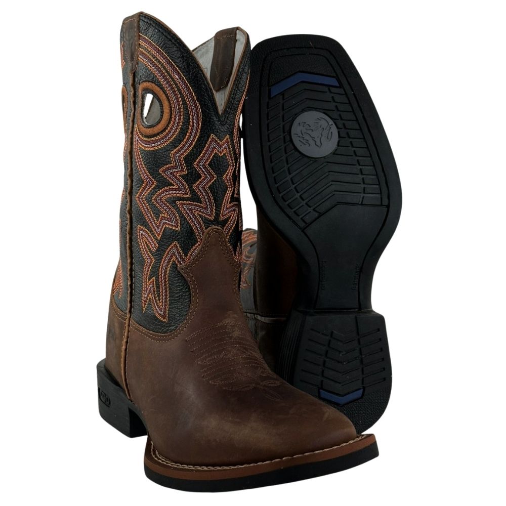 Bota Texana Masculina Durango Kit Flex Couro Marrom Cano Preto Com Bordado Laranja Branco E Vermelho