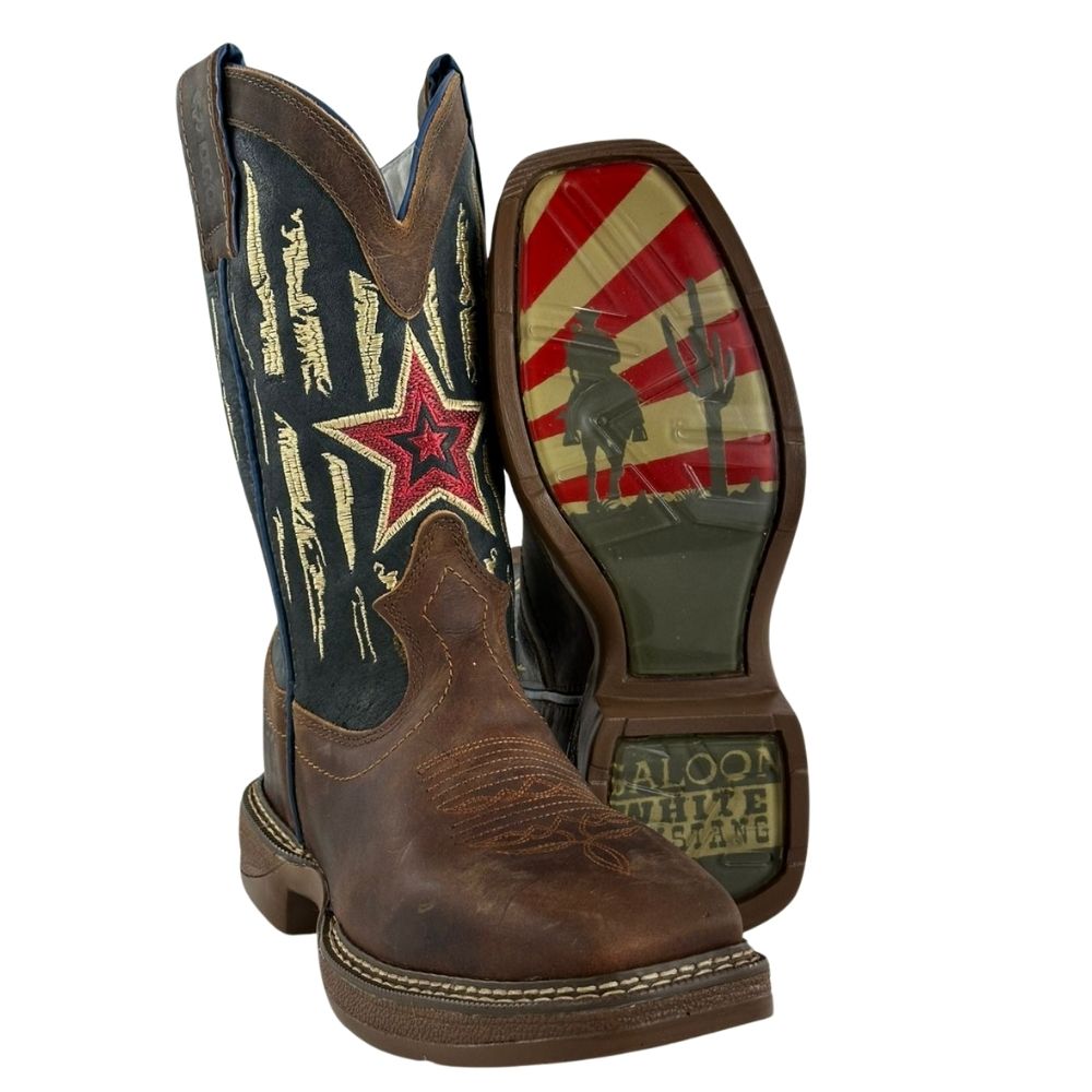 Bota Texana Masculina Durango Tougher Saloon White Mustang Couro Marrom/Azul Bordado Creme Estrela Vermelha