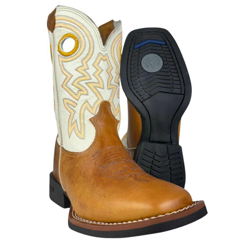 Bota Texana Masculina Durango Bico Quadrado Canela Marrom Cano Branco Laranja