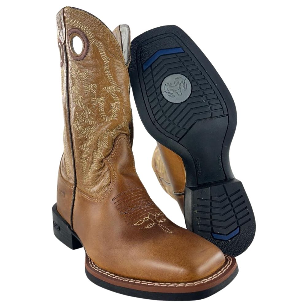 Bota Texana Masculina Durango Couro Caramelo Cano Bordado Bico Quadrado Flex