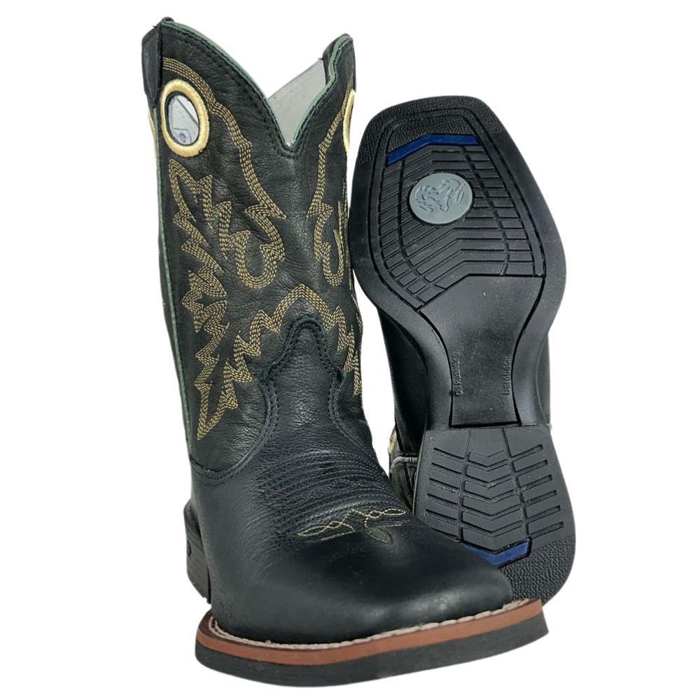 Bota Texana Masculina Durango Couro Preto Cano Bordado Solado Cost Gel Preto Ref 120225G2P