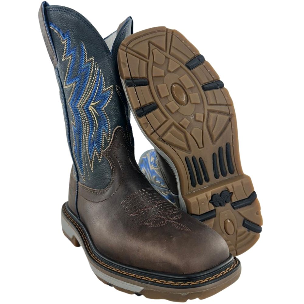 Bota Texana Masculina Durango Marrom Bordado Azul Marrom Dourado Solado Work