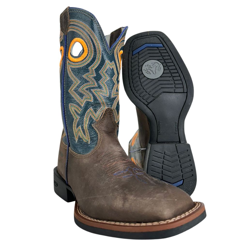 Bota Texana Masculina Durango Marrom Cano Azul Bordado Laranja