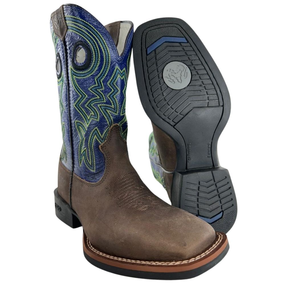Bota Texana Masculina Durango Marrom Cano Azul Bordado Verde