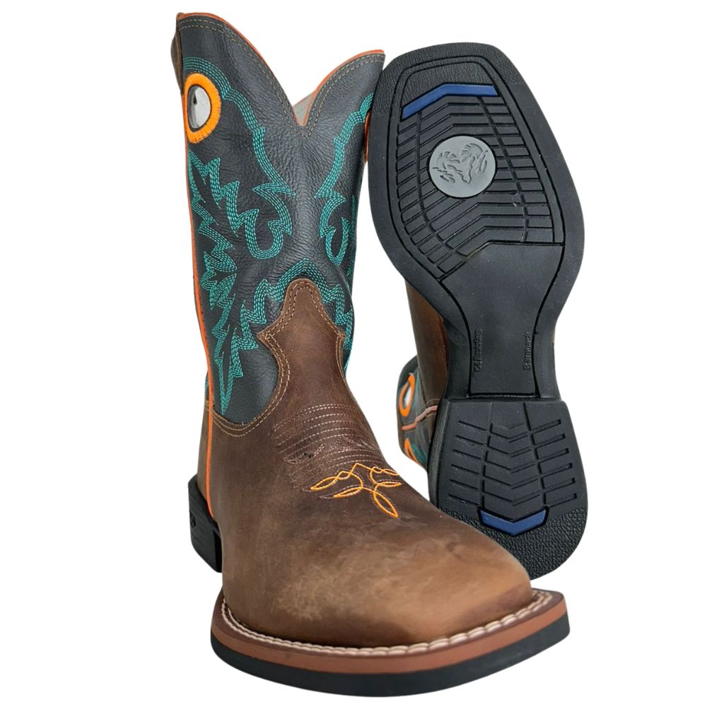 Bota Texana Masculina Durango Marrom Cano Preto Com Bordado Verde