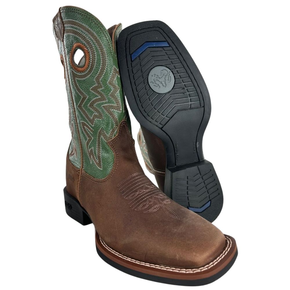 Bota Texana Masculina Durango Marrom Cano Verde Com Bordado Bronze